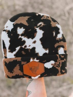 Cowhide Pattern Beanie with Leather Patch - Black, White, Brown